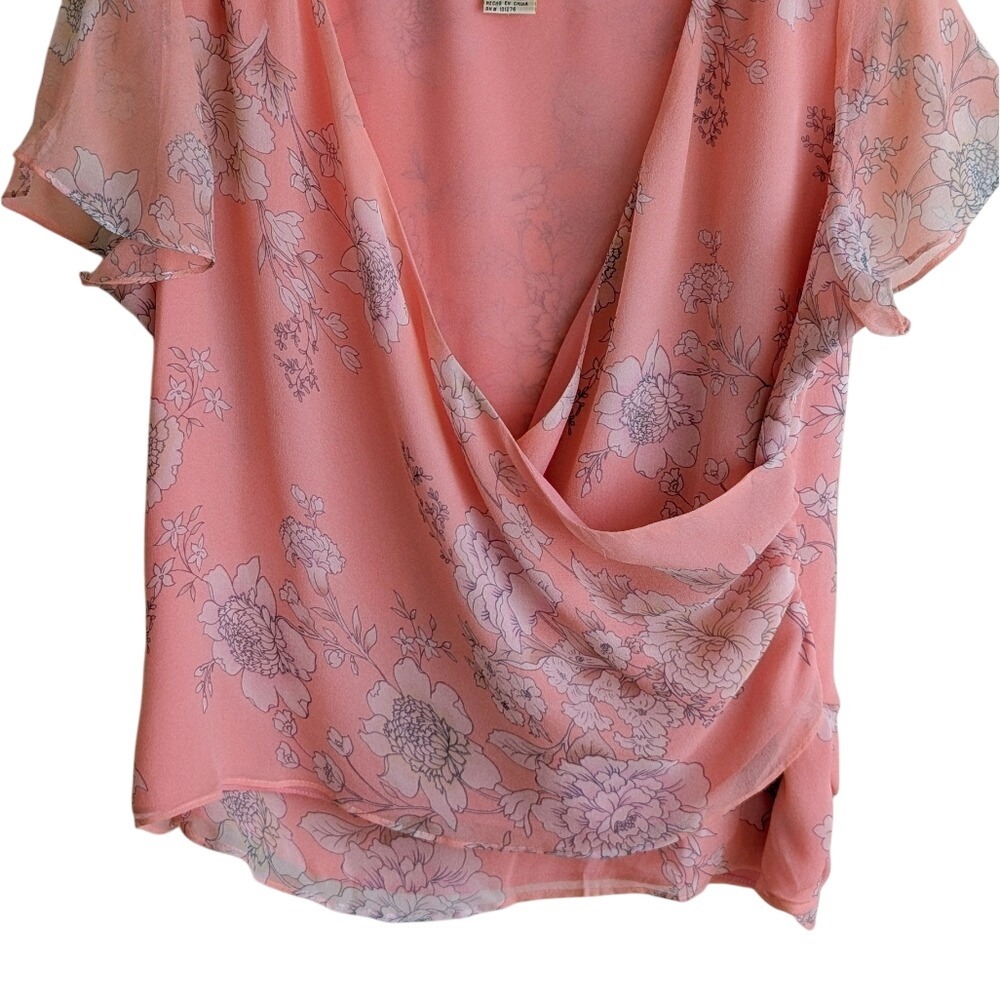 Vintage 90s Whimsy Boho Pink Floral Plunging Draping Silk Blouse - Picture 6 of 7